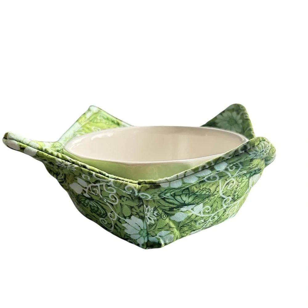 Hand Crafted Colorful Green Floral Butterfly Microwave Bowl Cozy 100% Cotton